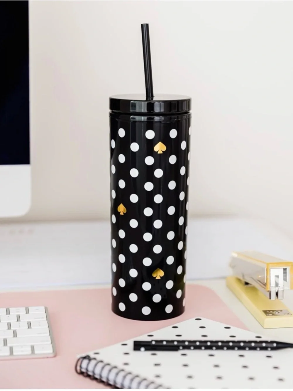 kate spade Black & White Polka Dot Tumbler with Gold Spade 24oz - Picture 2 of 3